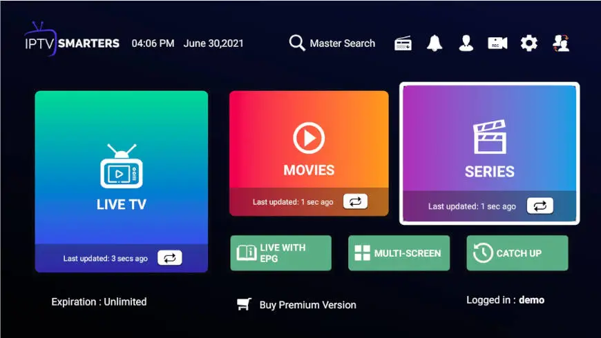 Exemplo ilustrativo de interface do IPTV Smarters Pro com opções de navegação