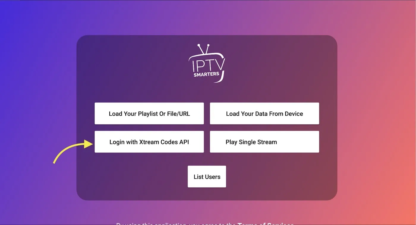 Imagem ilustrativa da tela de seleção de método de entrada do IPTV Smarters Pro